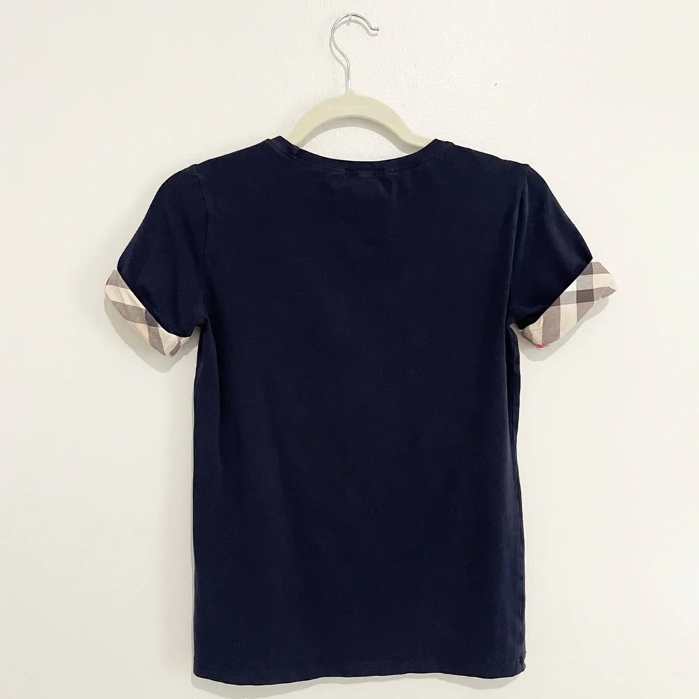 Burberry Brit Navy Blue Cotton Short Sleeve Nova Check Cuff T-Shirt Tee Size XS - Picture 4 of 10